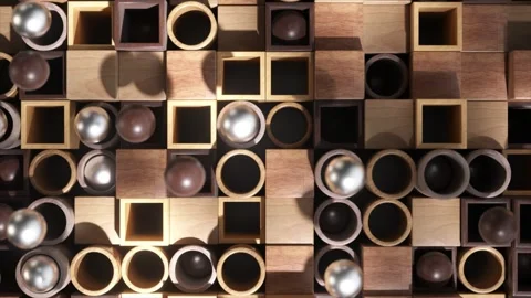 Chrome spheres nest in a rich array of wooden blocks, creating a 3D pattern of Video stock 265425962
