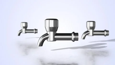 Chrome Textured Water Taps on a Reflective Floor. Steel Water Taps 3D Animation. Stock Footage 292522412