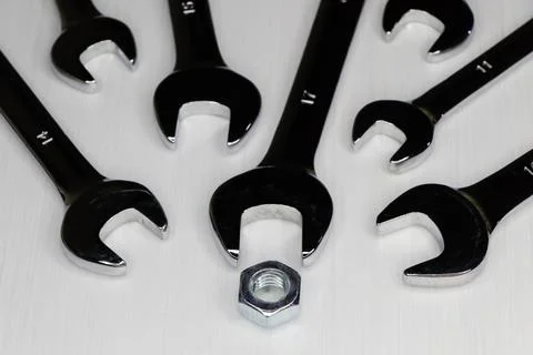 Chrome Vanadium Spanner Size Variety with Hex Nut Stock Photos