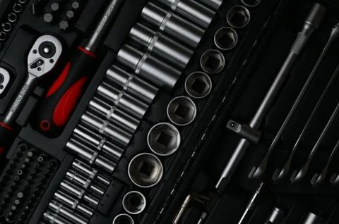 Chrome wrench and socket spanner tools in black toolbox for auto car maintena 스톡 사진