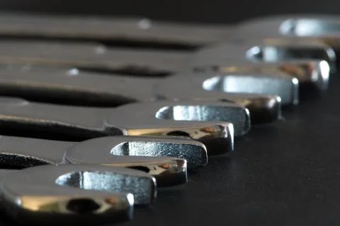 Chrome Wrenches of Different Sizes Lined Up. Macro Photography Stock Photos