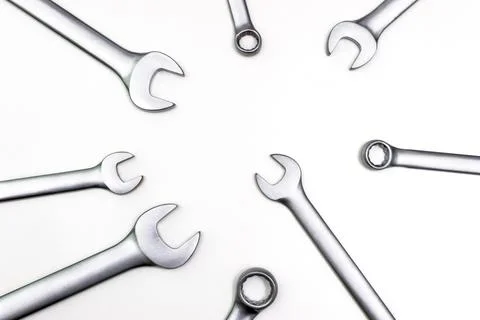 Chrome wrenches of various sizes. Isolated on white background. Stock Photos