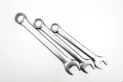 Chrome wrenches of various sizes. Isolated on white background. Stock Photos