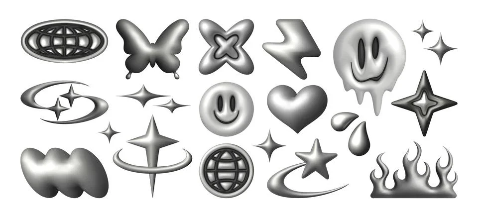 Chrome y2k 3d object collection Stock Illustration