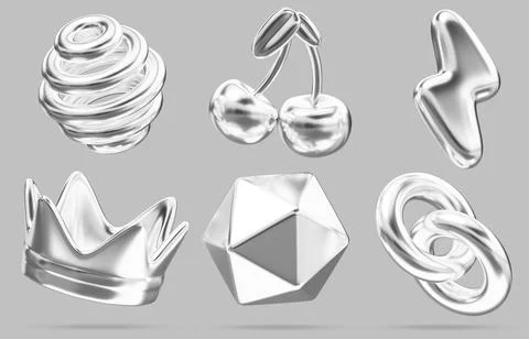 Chrome y2k abstract 3d shape set. Silver crown, spiral sphere, lightning, cherry 스톡 일러스트