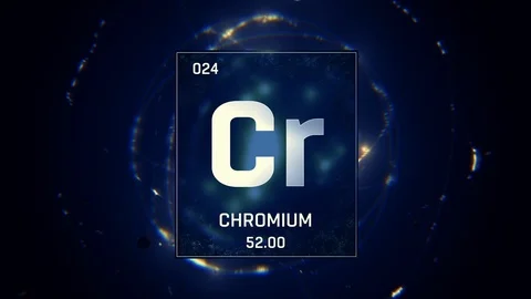 Chromium as Element 24 of the Periodic Table 3D animation on blue background Vidéo 119387854