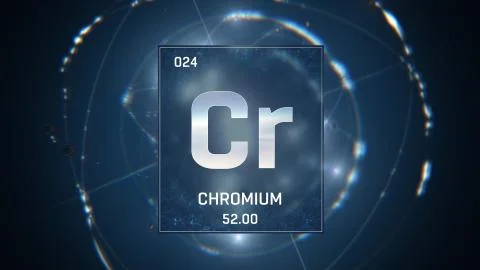 Chromium as Element 24 of the Periodic Table 3D illustration on blue background Stock Illustration
