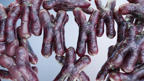 Chromosome under microscope, genome sequence. Molecular biology, DNA molecules Stock Illustration