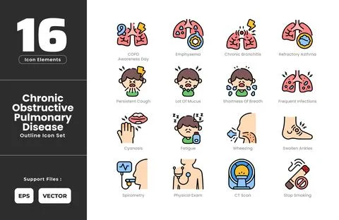 Chronic Obstructive Pulmonary Disease COPD Symptoms Icon Set Collection - O.. Stock Illustration