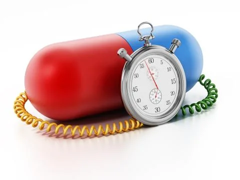 Chronometer attached to red and blue capsule pill. 3D illustration Illustrazione stock