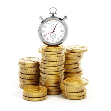 Chronometer standing on golden coins stack. 3D illustration Stock Illustration