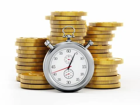 Chronometer standing on golden coins stack. 3D illustration イラスト素材