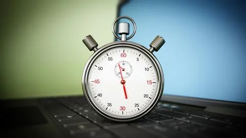Chronometer standing on laptop keyboard. 3D illustration 스톡 일러스트
