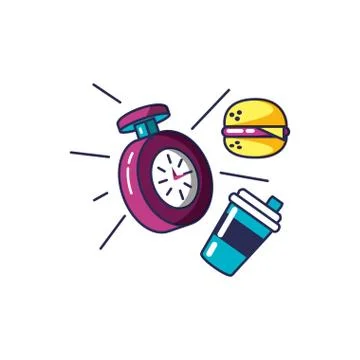 Chronometer time with hamburger and drink bottle Illustrazione stock