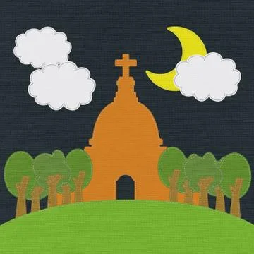 Chruch in stitch style on fabric background Stock Illustration