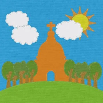 Chruch in stitch style on fabric background Stock Illustration