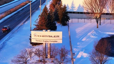 Chrysler Trenton Engine Complex sign in snow, automotive industry production Stock Footage 333214436