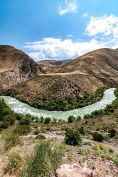 Chu River winding through a dramatic mountain canyon Kyrgyzstan 스톡 사진