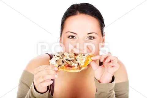 Chubby girl and slice of pizza Stock Photos