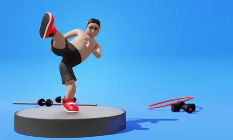 Chubby man, taking off his workout shirt, in a fighting pose, high kick. Stock Illustration