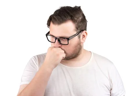 Chubby sad man pondering on a problem isolated on white background 스톡 사진