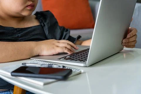 Chubby woman using laptop while working at home Stock Photos