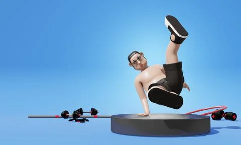 Chubby young man doing exercise with b-boying on stage. Stock Illustration