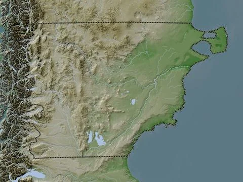 Chubut, Argentina. Elevation map colored in wiki style with lakes and rivers Stock Illustration