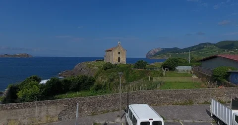 Chuch on the ocean - Drone - Basque country - MUNDAKA 1 Stock Footage 94038239