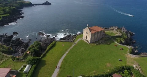 Chuch on the ocean - Drone - Basque country - MUNDAKA 3 Stock Footage 94038528