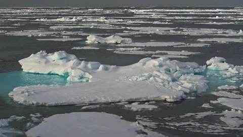 Chunks of blue ice float past in the water. Chunks of ice under the snow are Stock Footage 144678334