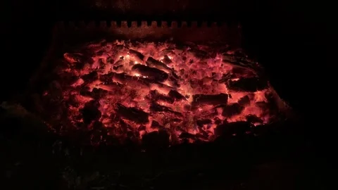 Chunks of burning wood on fireplace with small sparks and flames Video stock 344908901