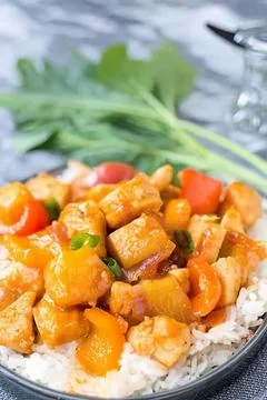 Chunks of chicken with rice Stock Photos