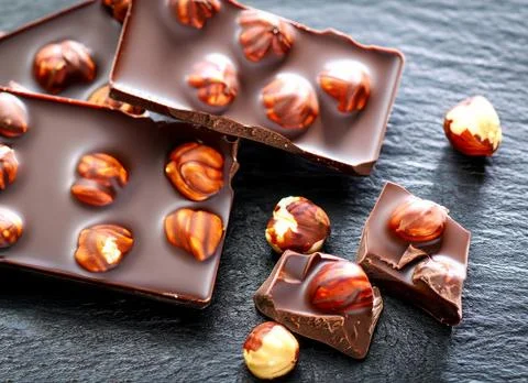 Chunks of dark chocolate with hazelnuts on table Stock Photos