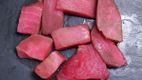 Chunks of fresh tuna rotate close up Stock Footage 147452883