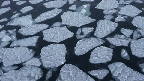 Chunks of ice on the surface of the water. Puzzle of ice pieces. Ice on waves Stock Footage 219017764