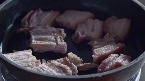 Chunks of meat are fried in a pan Stock Footage 101684079