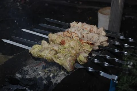 Chunks of meat on the charcoals Stock Photos