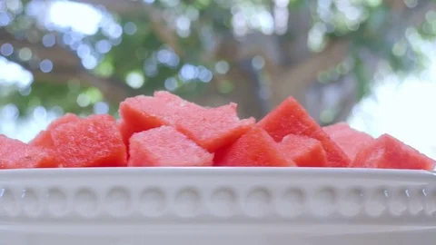 Chunks of Sliced Watermelon in a Serving Bowl Stock Footage 79386881