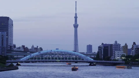 Chuo Ward, Japan - 06/30/2012: Evening Tokyo Skytree and Sumida River Eitai Stock Footage 332805583