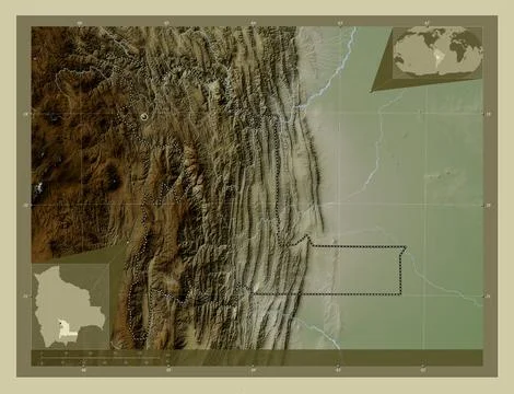 Chuquisaca, Bolivia. Elevation map colored in wiki style with lakes and river イラスト素材