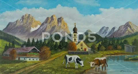 Church and a farmhouse in front of a mountain backdrop Stock Illustration