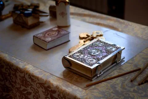 Church attributes and view inside Stock Photos