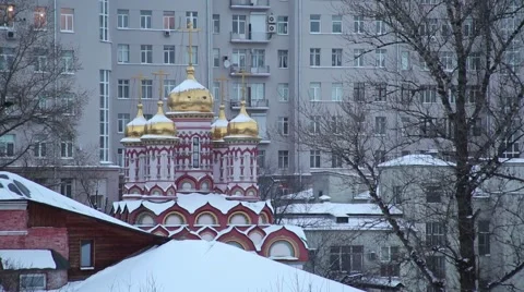 Church on the background of a multistory building Stock Footage 52981716