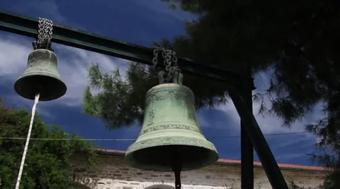 Church bells in medieval monastery Stock Footage 40353162