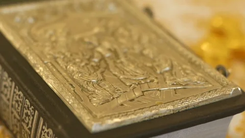 Church book on the table, Bible, camera in focus and out of focus Stock Footage 117780879