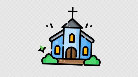 Church building icon featuring bright yellow windows green bushes and tall cross 库存影片 345859102