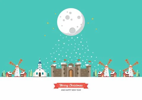 Church Castle Windmill Tiny town in winter season Stock Illustration