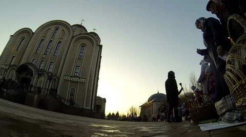Church ceremony of consecration of Easter cakes and eggs Stock Footage 49051637
