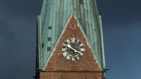 Church Clock from Martinichurch, dark, cloudy sky, Bremen, Germany, Europe Stock Footage 117040106